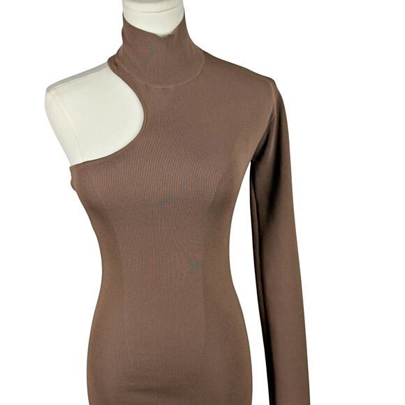 Zara Mink Brown Bandage Knit Asymmetrical Bodycon Midi Dress One Shoulder SMALL - Picture 1 of 8